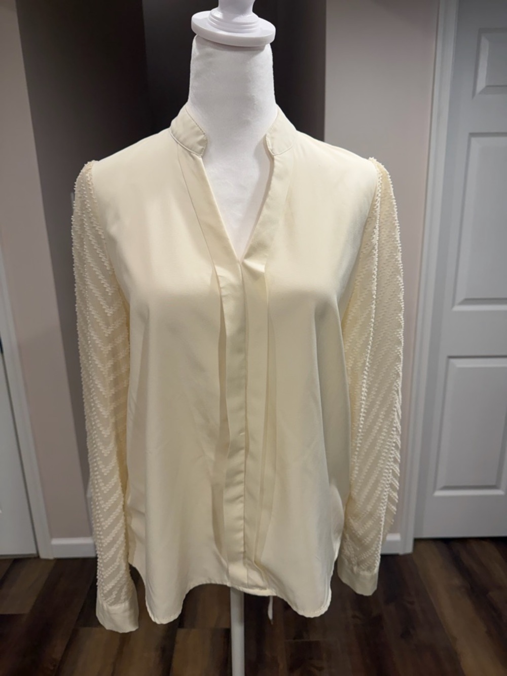 SHEIN Cream V-Neck Long-Sleeve Blouse with Textured Chevron Sleeves